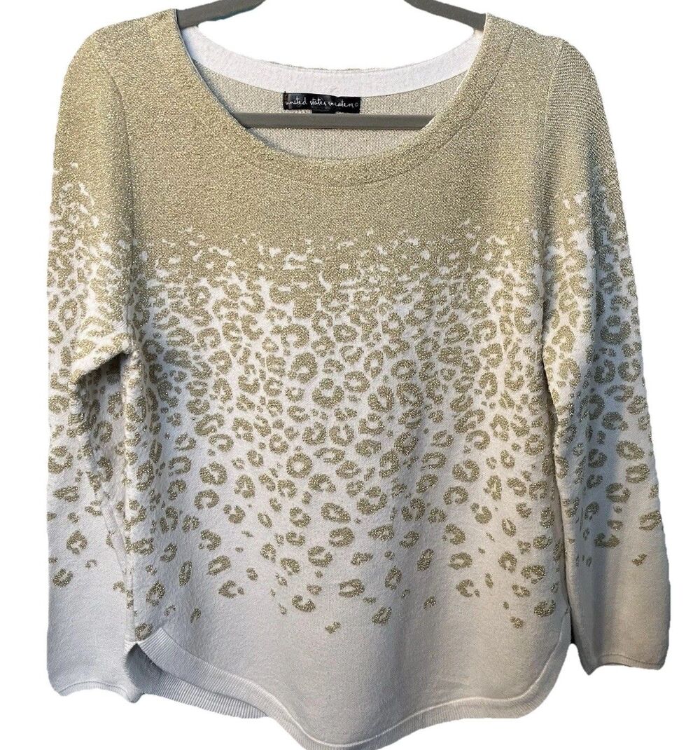 United States Sweaters Women’s Cream Cheetah Print Gold Metallic Thread Medium
